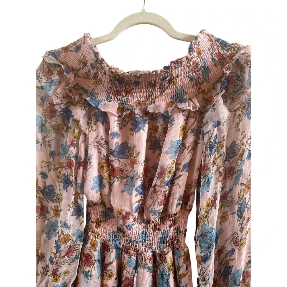 Gilner Farrar Pink Floral Mini Dress Off The Shoulder Ruffled Neckline Size XS‎
